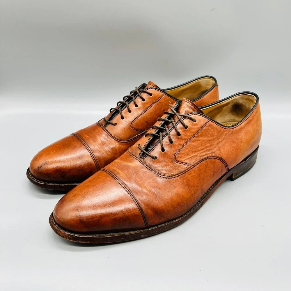 Johnston & Murphy Shoes Mens 10 Brown Leather Cap Toe Lace Up Dress Classic